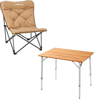 KingCamp Padded Oversized Camping Chair and Bamboo Folding Camping Table 4 Folds Lightweight with Adjustable Height Aluminum Legs Portable Camp Tables in Carry Bag