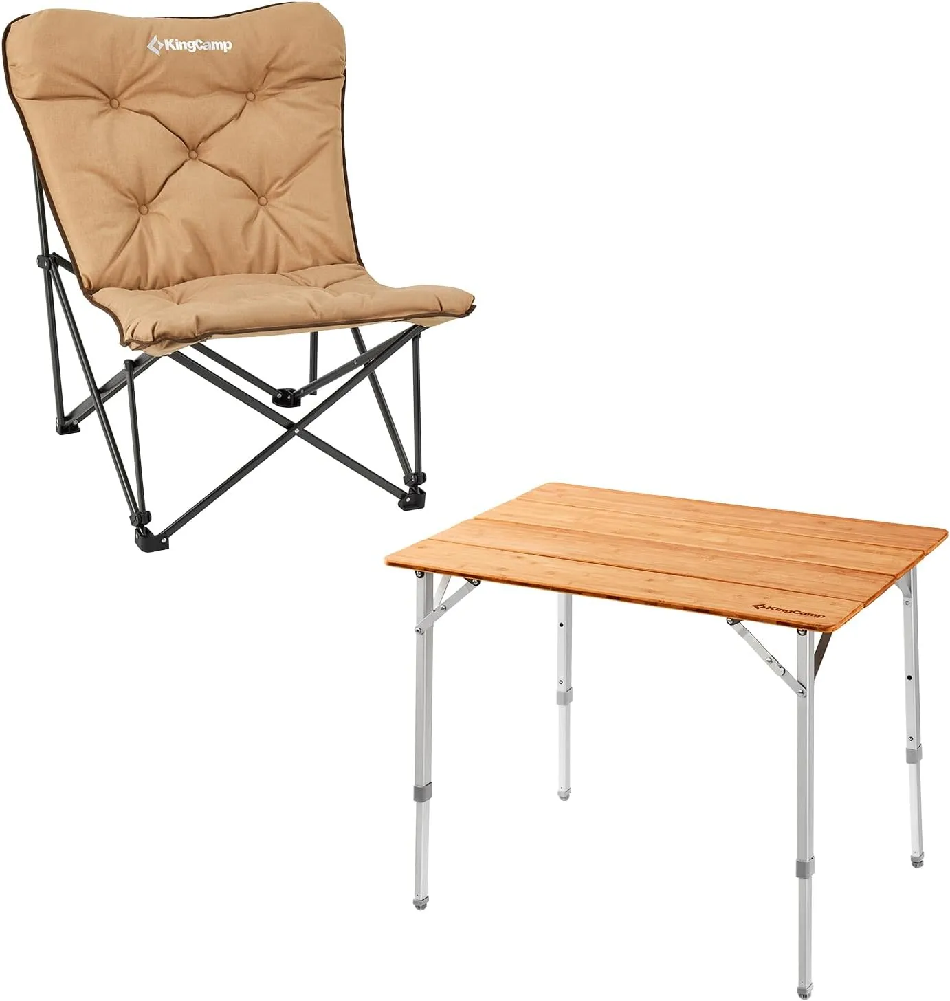 KingCamp Padded Oversized Camping Chair and Bamboo Folding Camping Table 4 Folds Lightweight with Adjustable Height Aluminum Legs Portable Camp Tables in Carry Bag