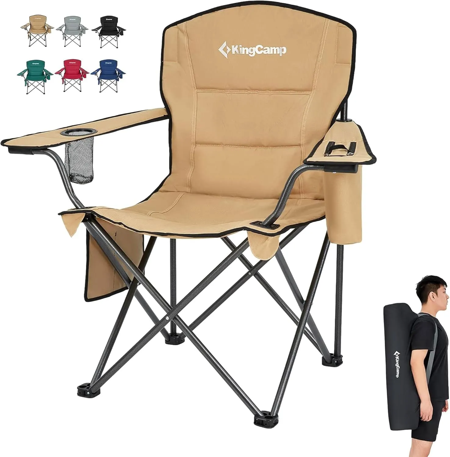 KingCamp Padded Portable Outdoor Folding Lounge Chairs with Built in Cupholder, Insulated Cooler Sleeve, and Side Storage Pocket, Khaki