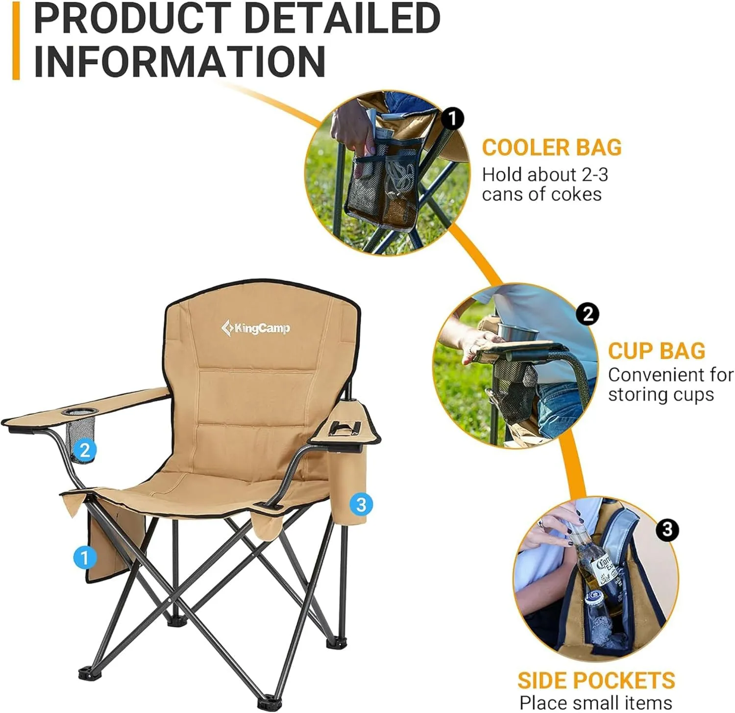 KingCamp Padded Portable Outdoor Folding Lounge Chairs with Built in Cupholder, Insulated Cooler Sleeve, and Side Storage Pocket, Khaki