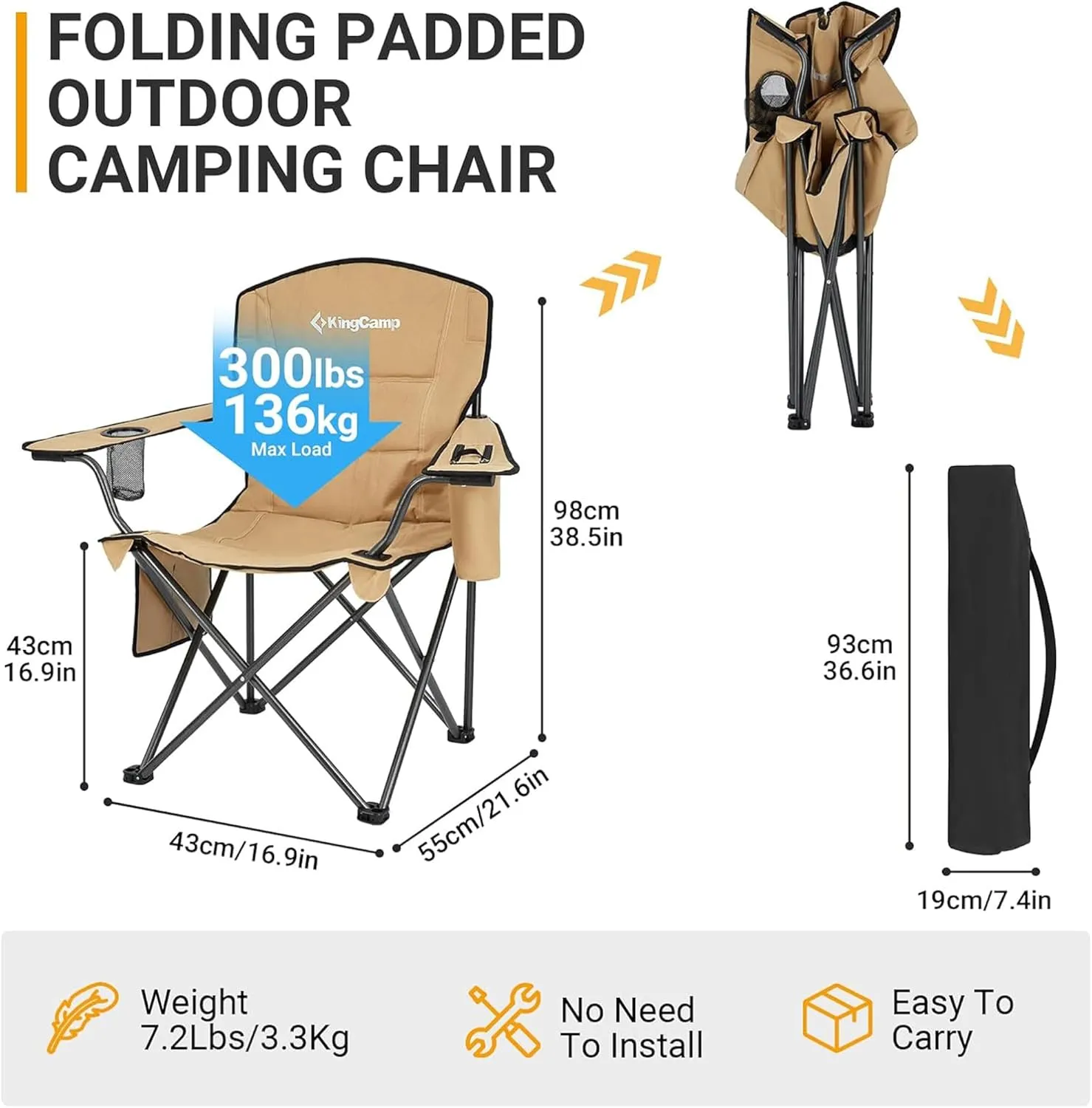 KingCamp Padded Portable Outdoor Folding Lounge Chairs with Built in Cupholder, Insulated Cooler Sleeve, and Side Storage Pocket, Khaki