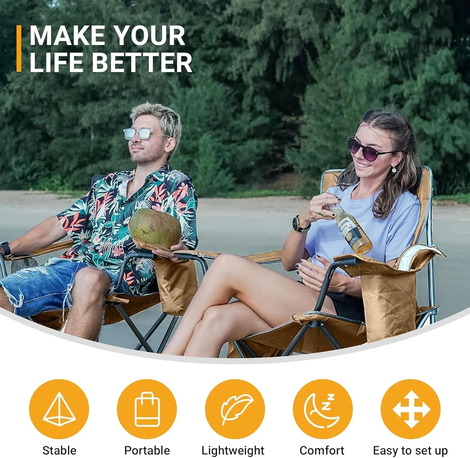 KingCamp Padded Portable Outdoor Folding Lounge Chairs with Built in Cupholder, Insulated Cooler Sleeve, and Side Storage Pocket, Khaki
