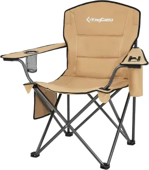 KingCamp Padded Portable Outdoor Folding Lounge Chairs with Built in Cupholder, Insulated Cooler Sleeve, and Side Storage Pocket, Khaki