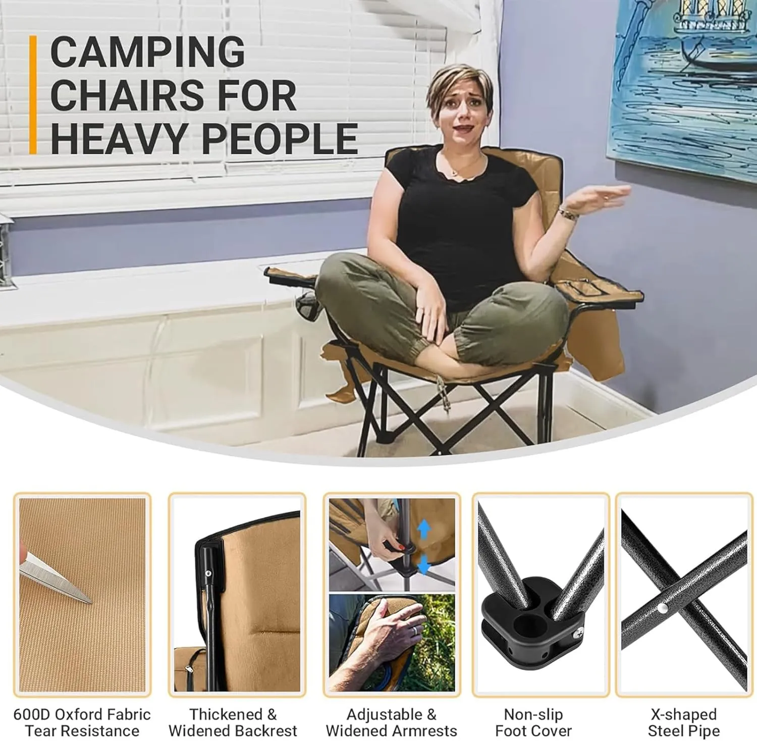 KingCamp Padded Portable Outdoor Folding Lounge Chairs with Built in Cupholder, Insulated Cooler Sleeve, and Side Storage Pocket, Khaki