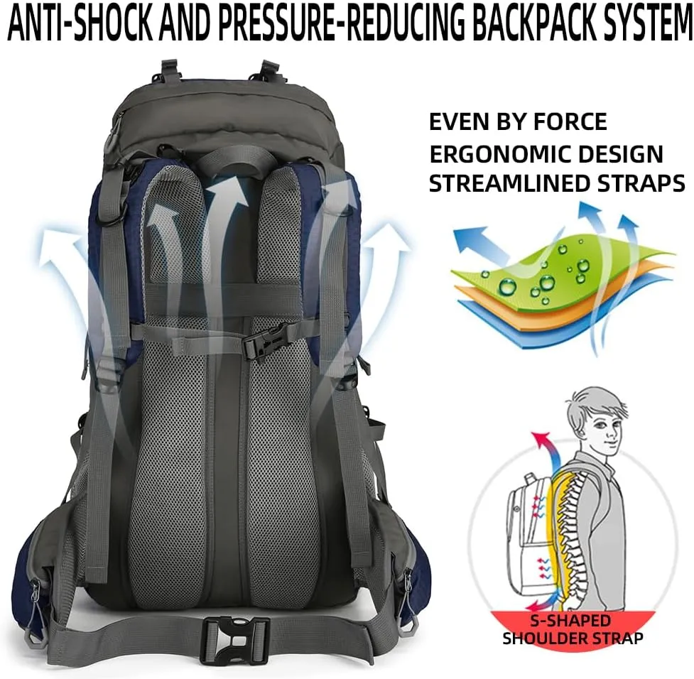 King'sGuard 60L Hiking Backpack, Waterproof Camping Backpacking Backpack for Men Outdoor Climbing Daypack (Navy)