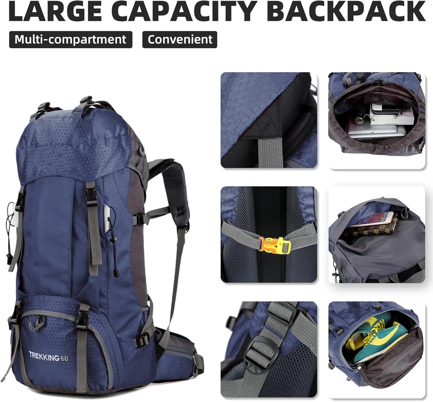 King'sGuard 60L Hiking Backpack, Waterproof Camping Backpacking Backpack for Men Outdoor Climbing Daypack (Navy)