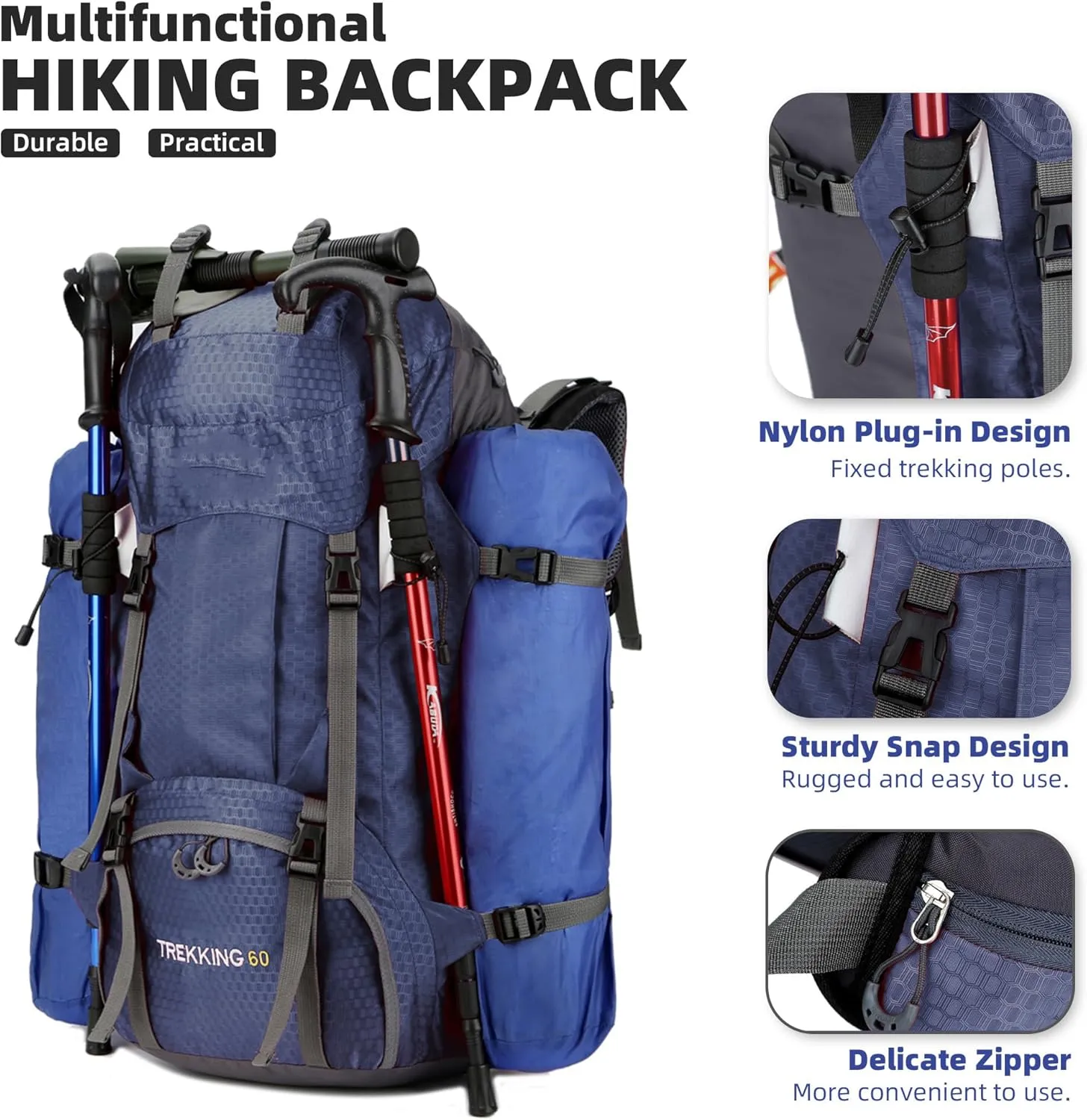 King'sGuard 60L Hiking Backpack, Waterproof Camping Backpacking Backpack for Men Outdoor Climbing Daypack (Navy)