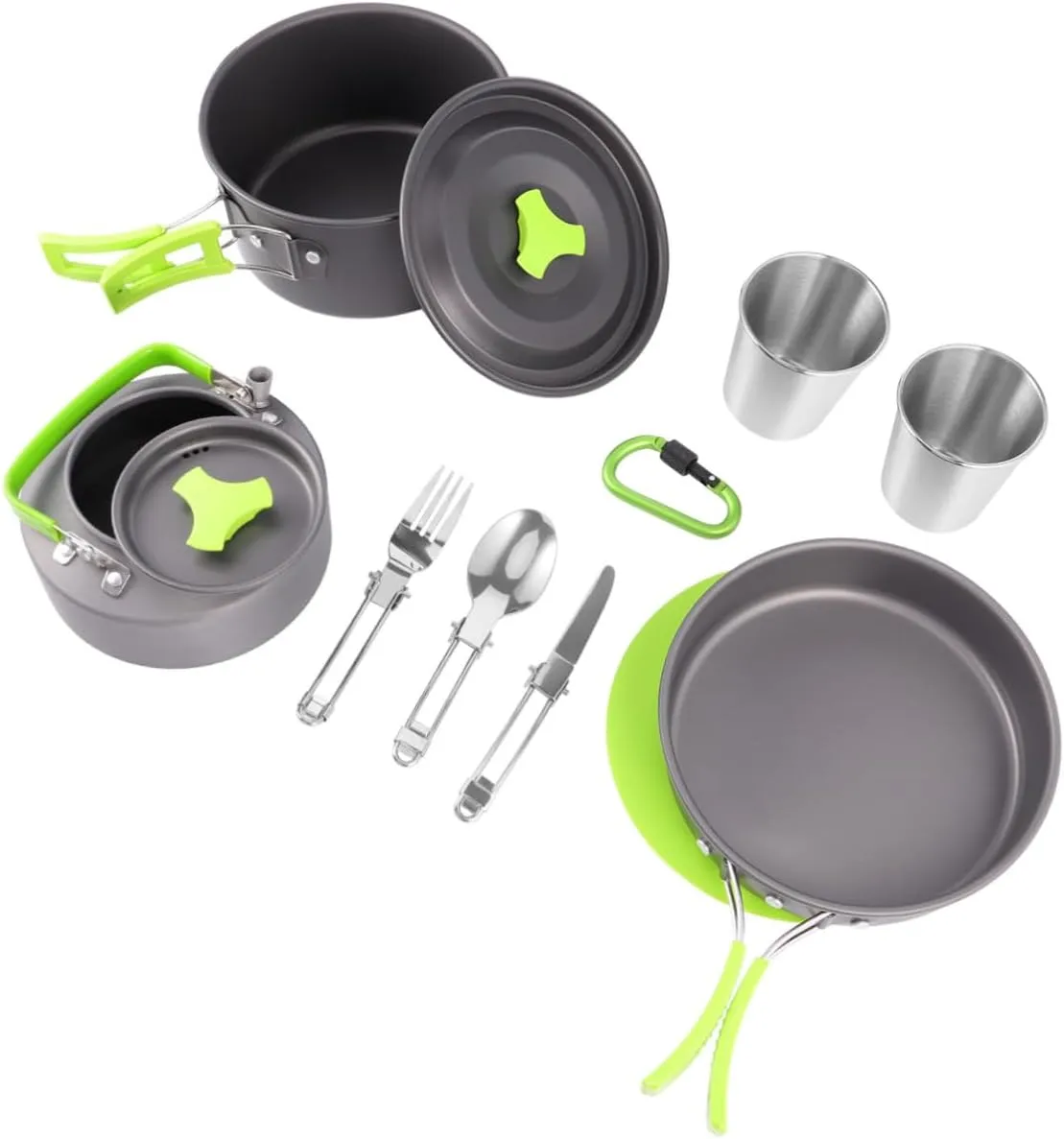 Kisangel 12-Piece Non-Stick Camping Cooking Kit Compact Portable Utensil Set Cooking Supplies for 1-2 People Green Tea Pot Cooking Set