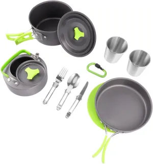Kisangel 12-Piece Non-Stick Camping Cooking Kit Compact Portable Utensil Set Cooking Supplies for 1-2 People Green Tea Pot Cooking Set