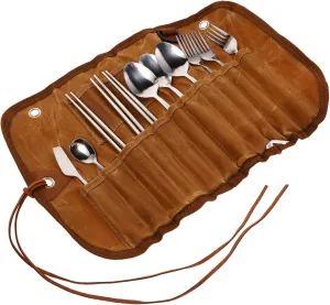 Kisangel 1set Portable Camping Utensil Set Stainless Steel Cutlery with Storage Bag for Outdoor Dining Hiking and Picnics Lightweight Easy to Clean