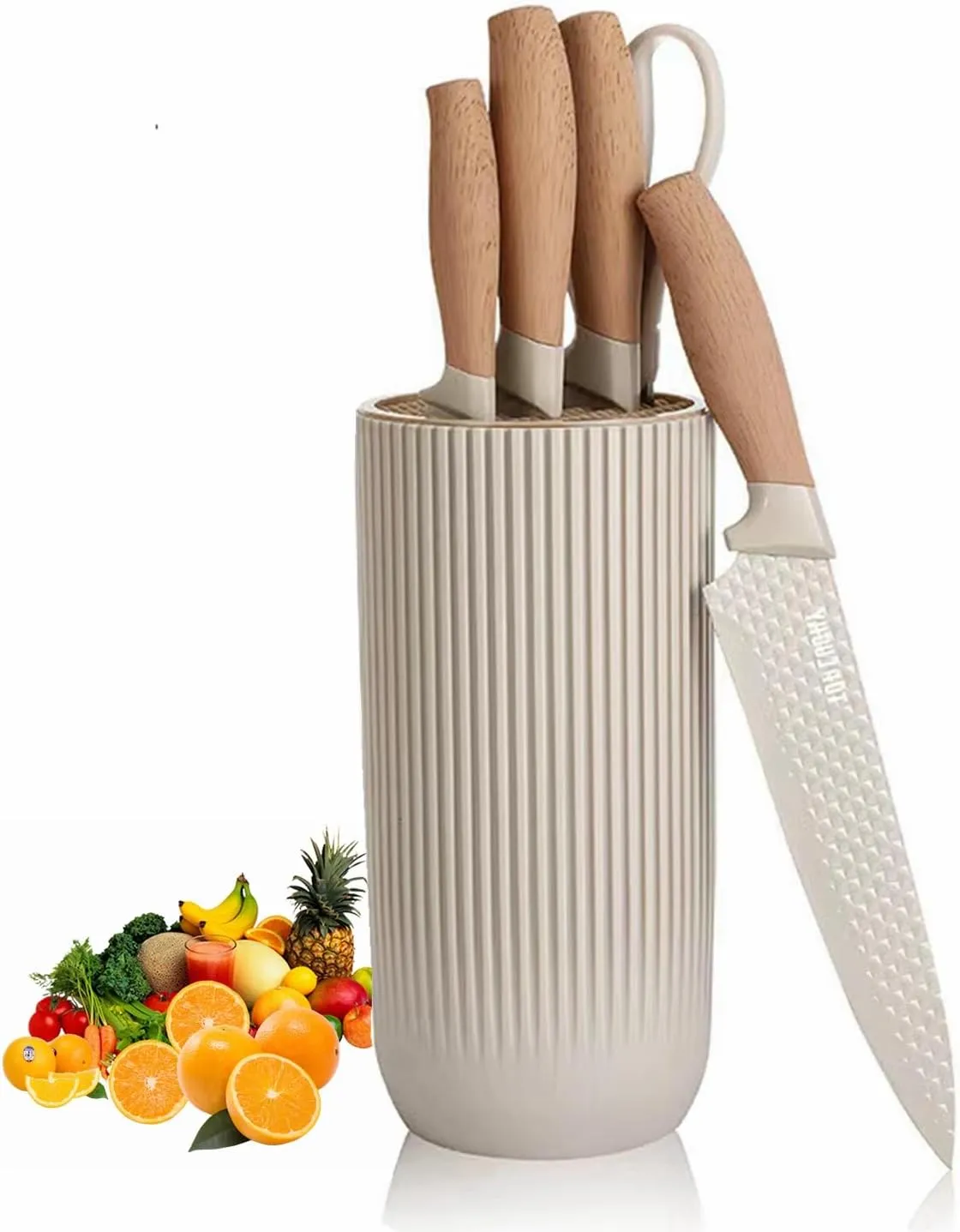 Kitchen Knife Set, 6-Pieces Luxury Wooden Coating Knife Set, Light Wood Grain Handle, Stainless Steel Non-Stick Sharp Blade Chef Knife Set with Cylindrical Knife Block for Gift