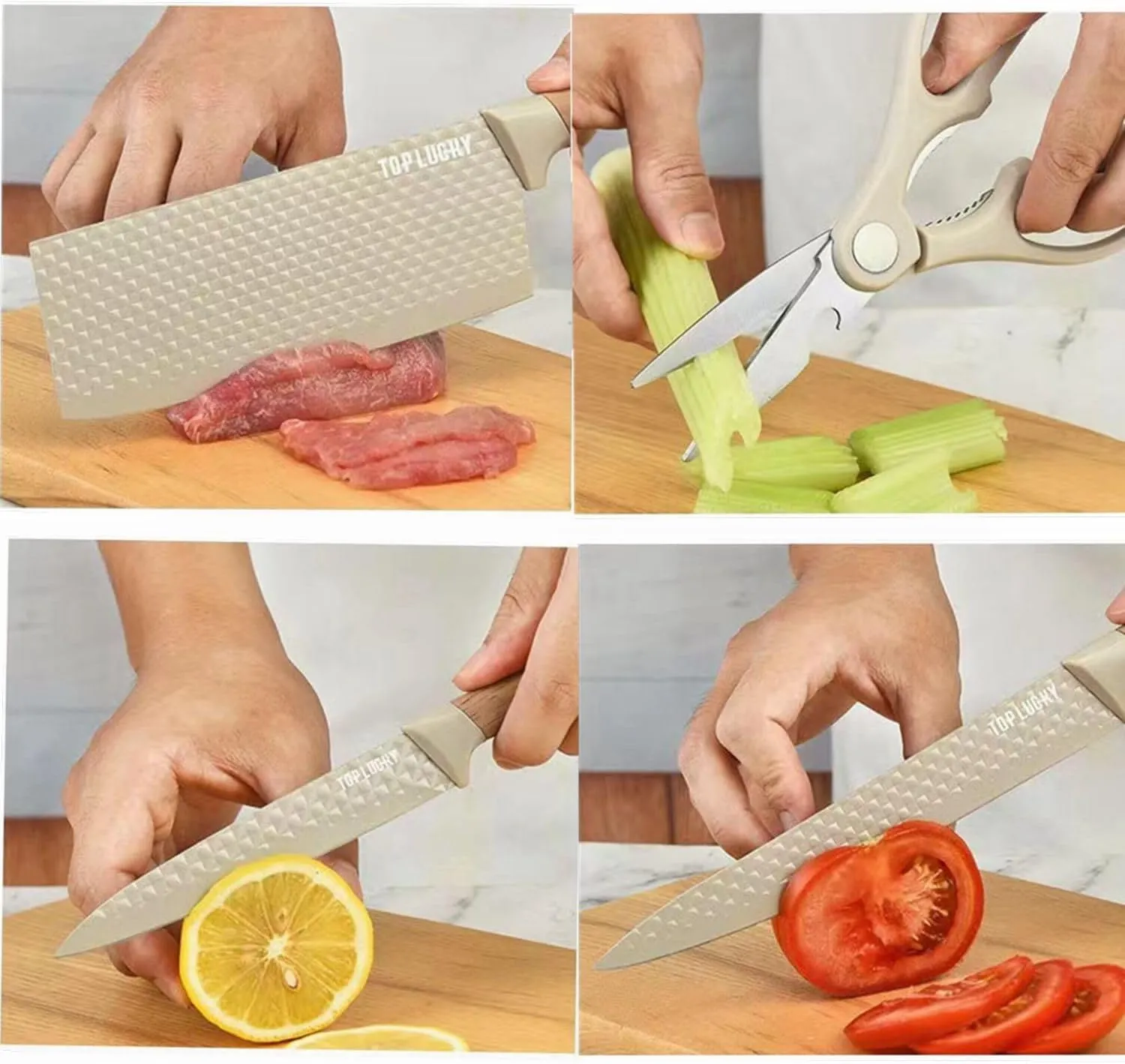 Kitchen Knife Set, 6-Pieces Luxury Wooden Coating Knife Set, Light Wood Grain Handle, Stainless Steel Non-Stick Sharp Blade Chef Knife Set with Cylindrical Knife Block for Gift