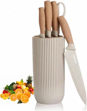 Kitchen Knife Set, 6-Pieces Luxury Wooden Coating Knife Set, Light Wood Grain Handle, Stainless Steel Non-Stick Sharp Blade Chef Knife Set with Cylindrical Knife Block for Gift