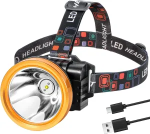 Kitness High Lumen Coon Hunting Light, Hands-Free Superbright LED Headlamp, Waterproof & Rechargeable Spotlight, 2 Light Modes Headlight for Hunting, Hiking and Fishing (Gold-White Light)