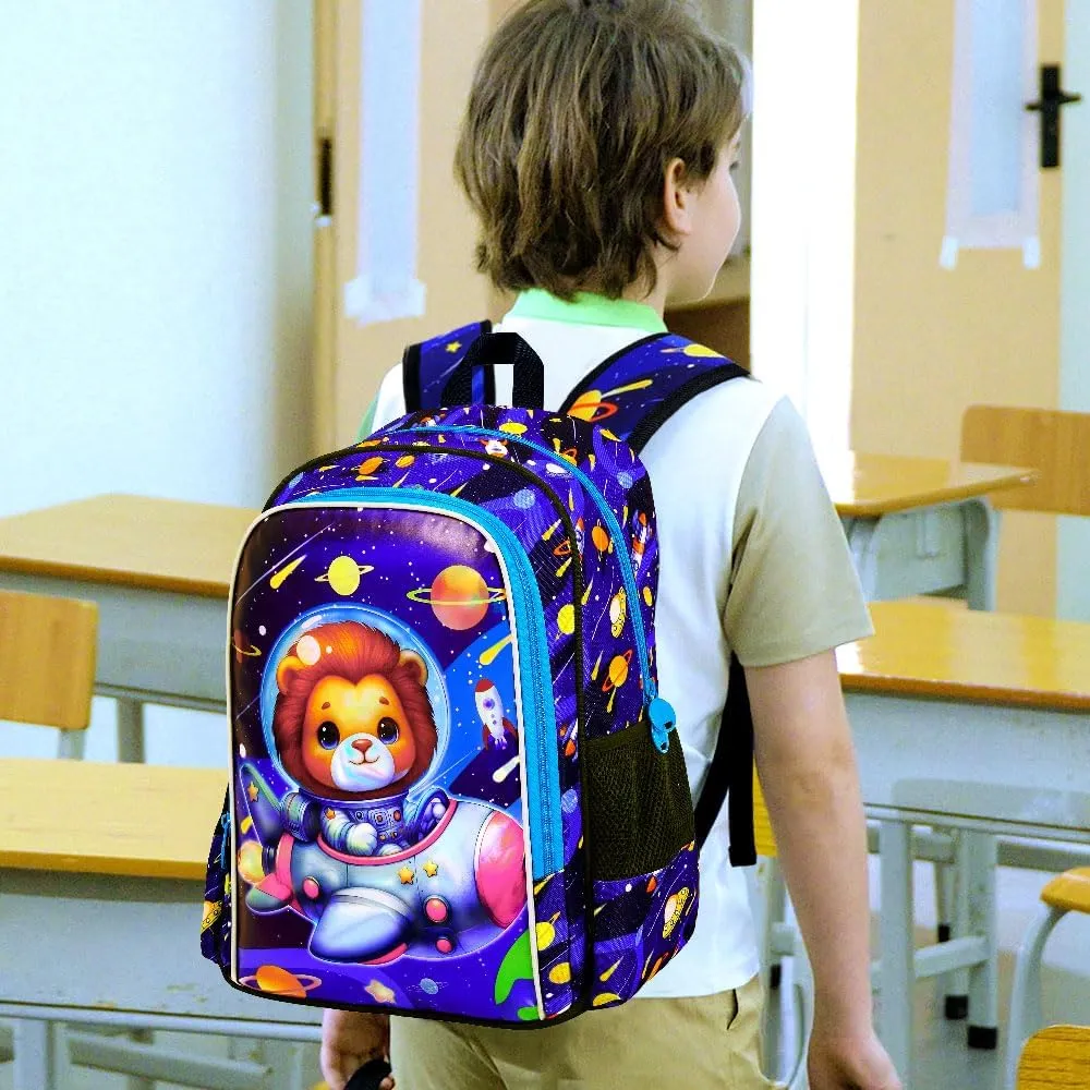 KLFVB 3PCS Boys Lion Bookbag, Water Resistant Kids Space Backpack with Lunch Box, 16" Preschool Backpacks for Elementary - Rocket Lion