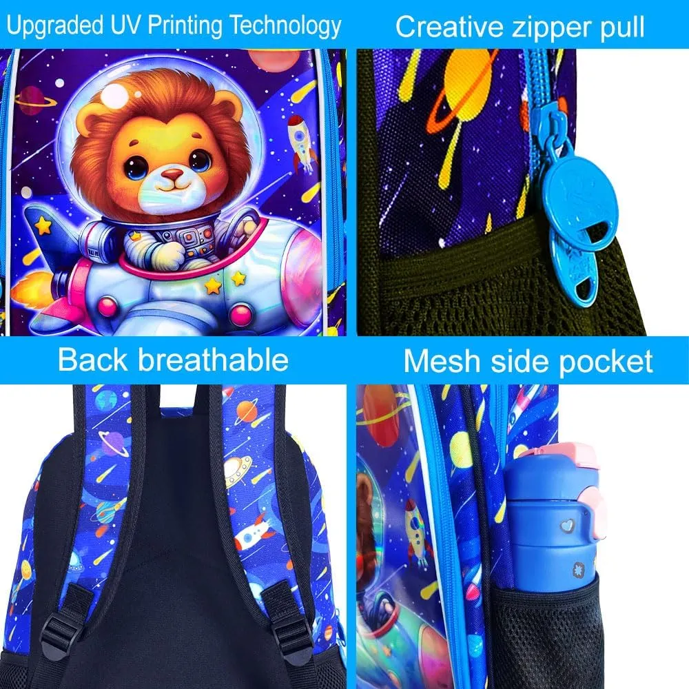 KLFVB 3PCS Boys Lion Bookbag, Water Resistant Kids Space Backpack with Lunch Box, 16" Preschool Backpacks for Elementary - Rocket Lion