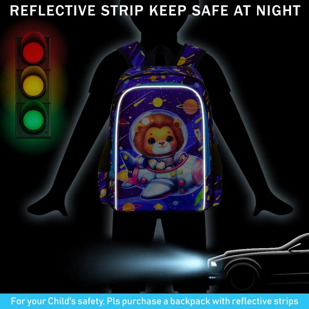 KLFVB 3PCS Boys Lion Bookbag, Water Resistant Kids Space Backpack with Lunch Box, 16" Preschool Backpacks for Elementary - Rocket Lion