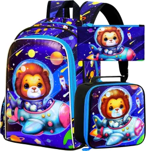 KLFVB 3PCS Boys Lion Bookbag, Water Resistant Kids Space Backpack with Lunch Box, 16" Preschool Backpacks for Elementary - Rocket Lion