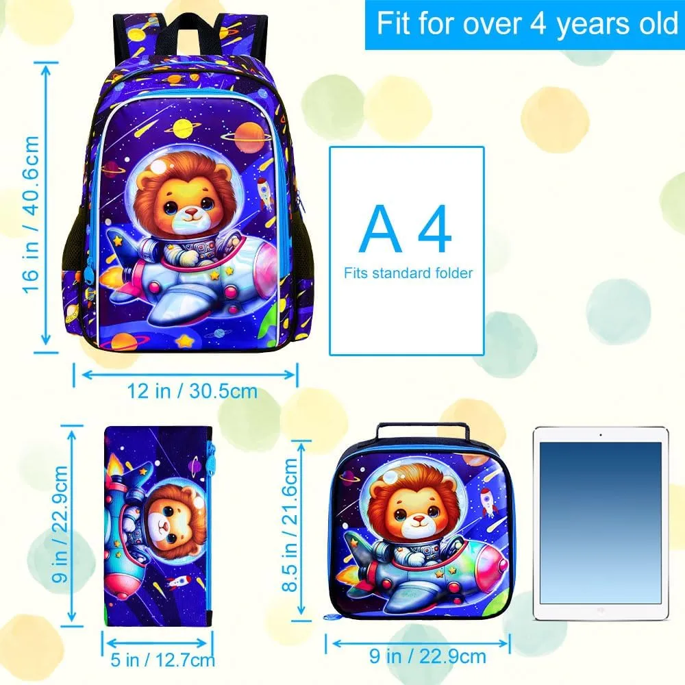 KLFVB 3PCS Boys Lion Bookbag, Water Resistant Kids Space Backpack with Lunch Box, 16" Preschool Backpacks for Elementary - Rocket Lion