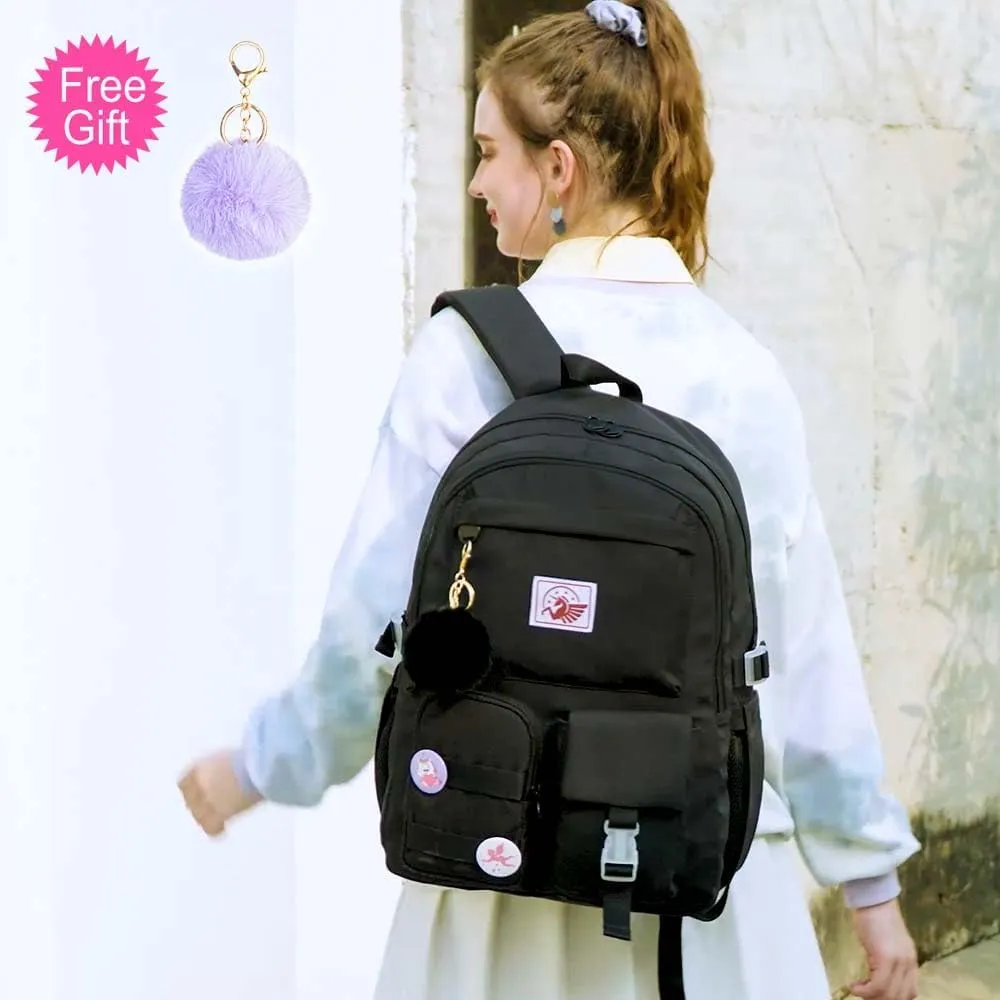 KLFVB Bookbag for Girls, 15.6 Inch Cute Aesthetic Backpack, Anti Theft Water Resistant College School Bag for Women Teens Primary Students - Black