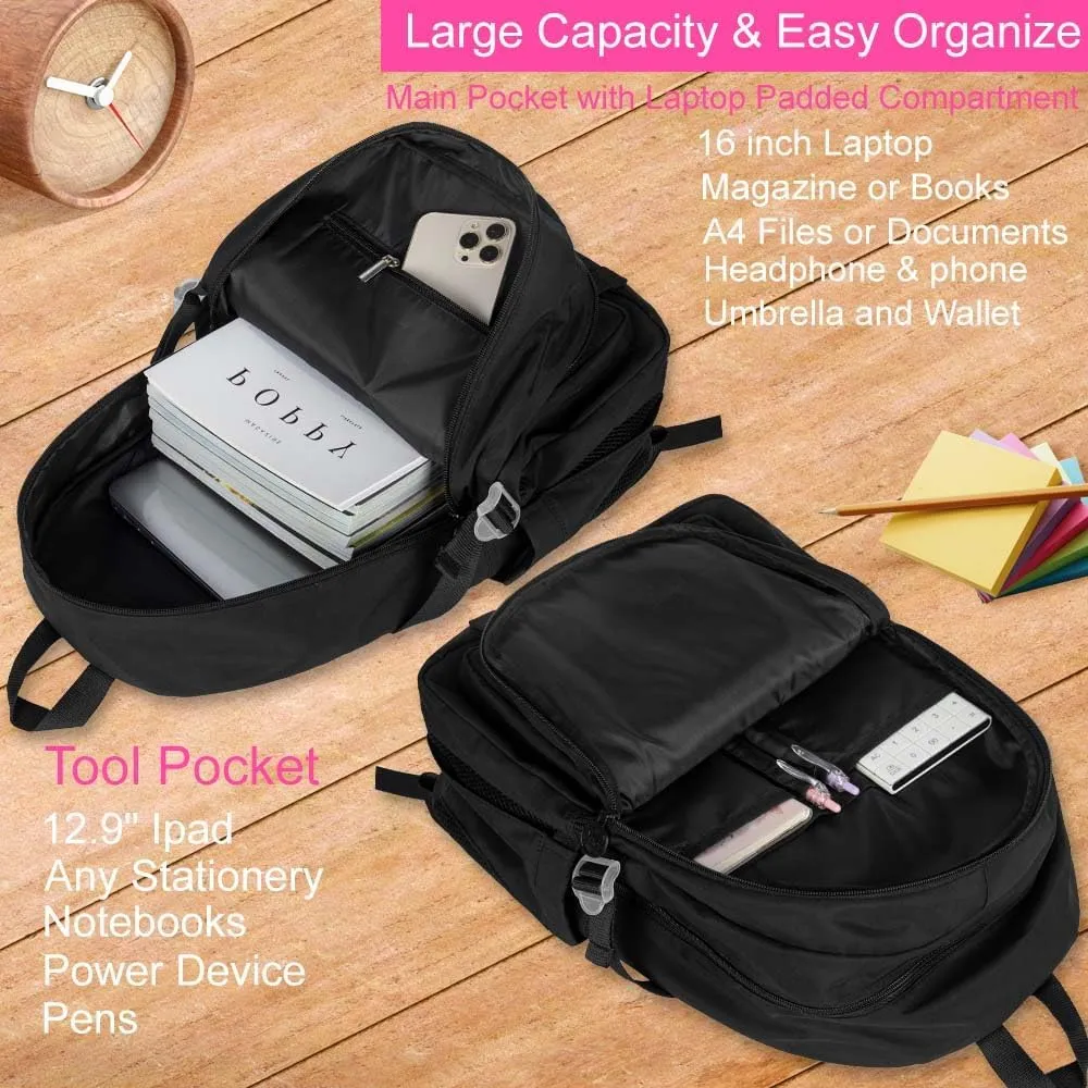 KLFVB Bookbag for Girls, 15.6 Inch Cute Aesthetic Backpack, Anti Theft Water Resistant College School Bag for Women Teens Primary Students - Black