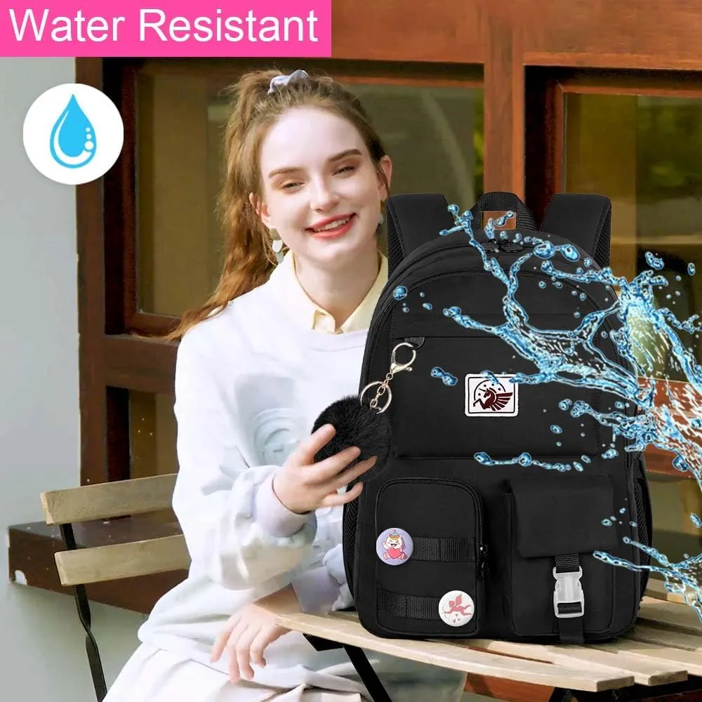 KLFVB Bookbag for Girls, 15.6 Inch Cute Aesthetic Backpack, Anti Theft Water Resistant College School Bag for Women Teens Primary Students - Black