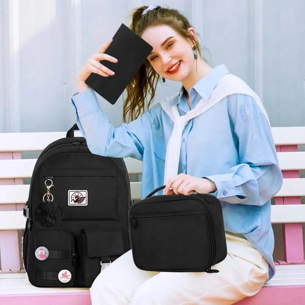 KLFVB Bookbag for Girls, 15.6 Inch Cute Aesthetic Backpack, Anti Theft Water Resistant College School Bag for Women Teens Primary Students - Black
