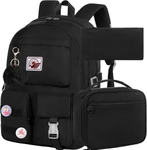 KLFVB Bookbag for Girls, 15.6 Inch Cute Aesthetic Backpack, Anti Theft Water Resistant College School Bag for Women Teens Primary Students - Black