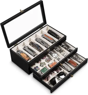 Knife Display Case, 3-Layer Pocket Knife Case Display & Storage Knives, Solid Wood Knife Case for Collections, Gift for Boyfriend Fathers Day Birthday Gifts(Black)