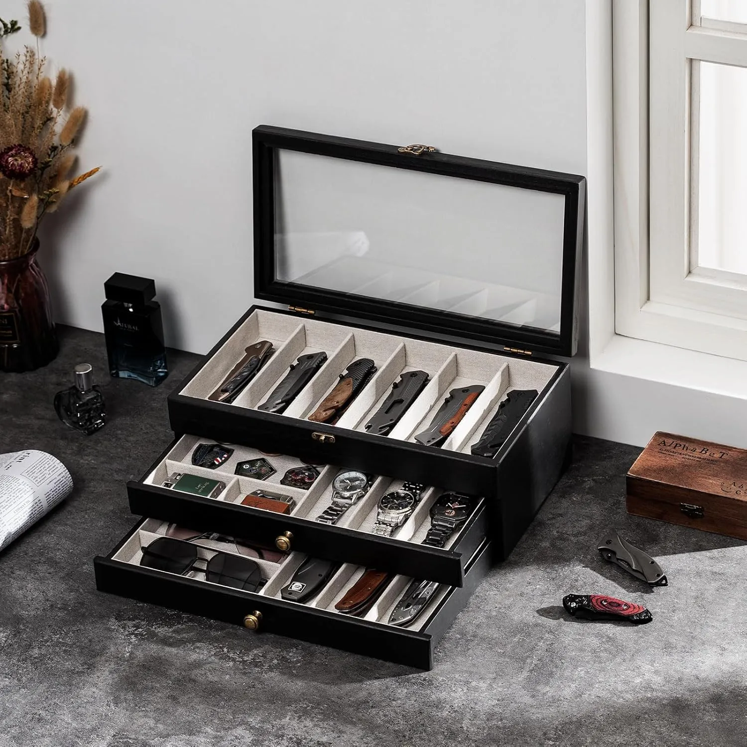 Knife Display Case, 3-Layer Pocket Knife Case Display & Storage Knives, Solid Wood Knife Case for Collections, Gift for Boyfriend Fathers Day Birthday Gifts(Black)