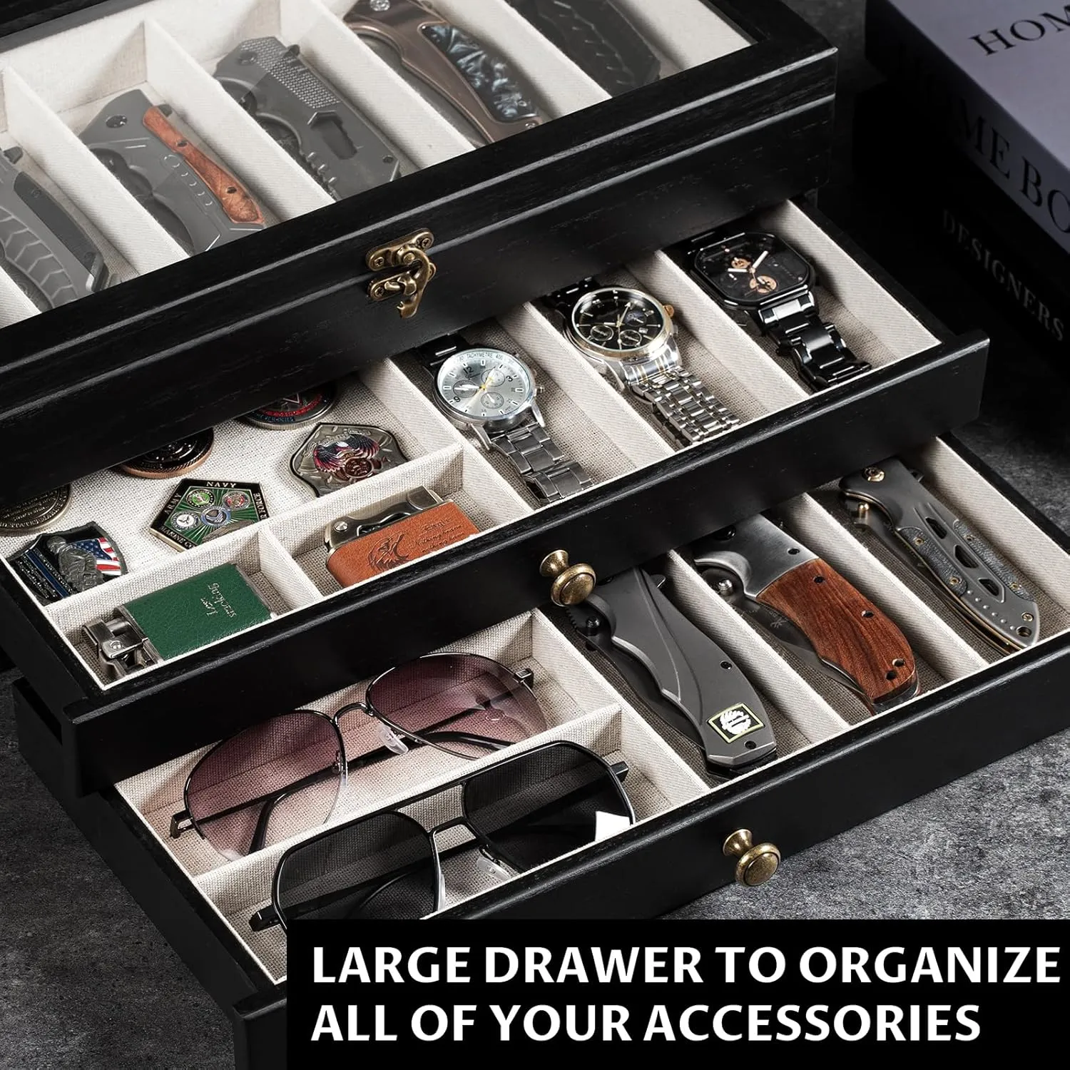 Knife Display Case, 3-Layer Pocket Knife Case Display & Storage Knives, Solid Wood Knife Case for Collections, Gift for Boyfriend Fathers Day Birthday Gifts(Black)