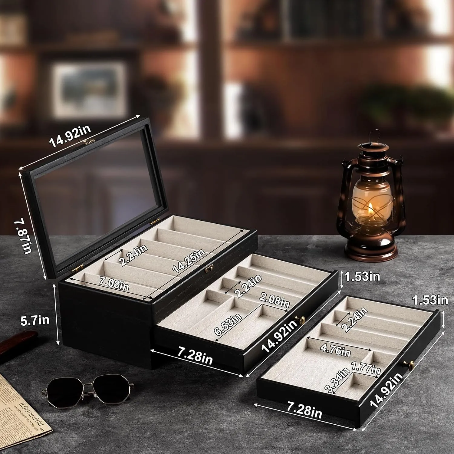 Knife Display Case, 3-Layer Pocket Knife Case Display & Storage Knives, Solid Wood Knife Case for Collections, Gift for Boyfriend Fathers Day Birthday Gifts(Black)