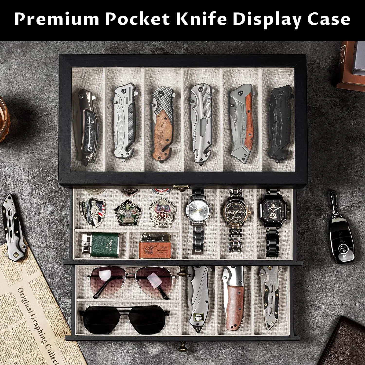 Knife Display Case, 3-Layer Pocket Knife Case Display & Storage Knives, Solid Wood Knife Case for Collections, Gift for Boyfriend Fathers Day Birthday Gifts(Black)