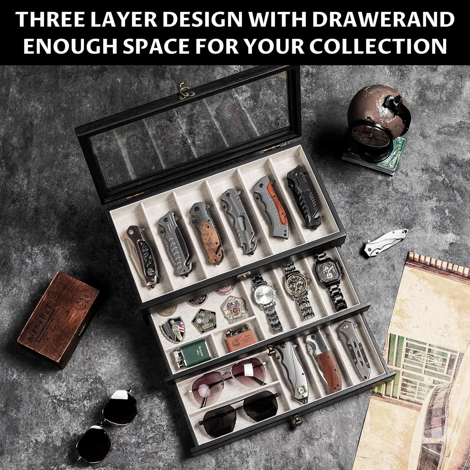 Knife Display Case, 3-Layer Pocket Knife Case Display & Storage Knives, Solid Wood Knife Case for Collections, Gift for Boyfriend Fathers Day Birthday Gifts(Black)