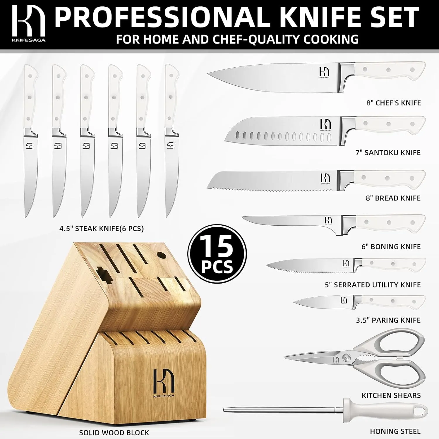 Knife Set, 15 Pcs Kitchen Knife Block Set, Enduring Razor-Sharp Japanese High Carbon Stainless Steel Chef Knife Set with Block and Sharpener, Premium Knives Set for Kitchen, White Natural Wood