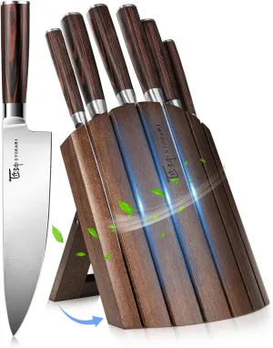 Knife Set 7 Piece Japanese Style Kitchen Knife Set With Foldable Magnetic Acacia Wood Block Sharp High Carbon Stainless Steel Knives Set for Kitchen with Anti-slip Ergonomic Handle