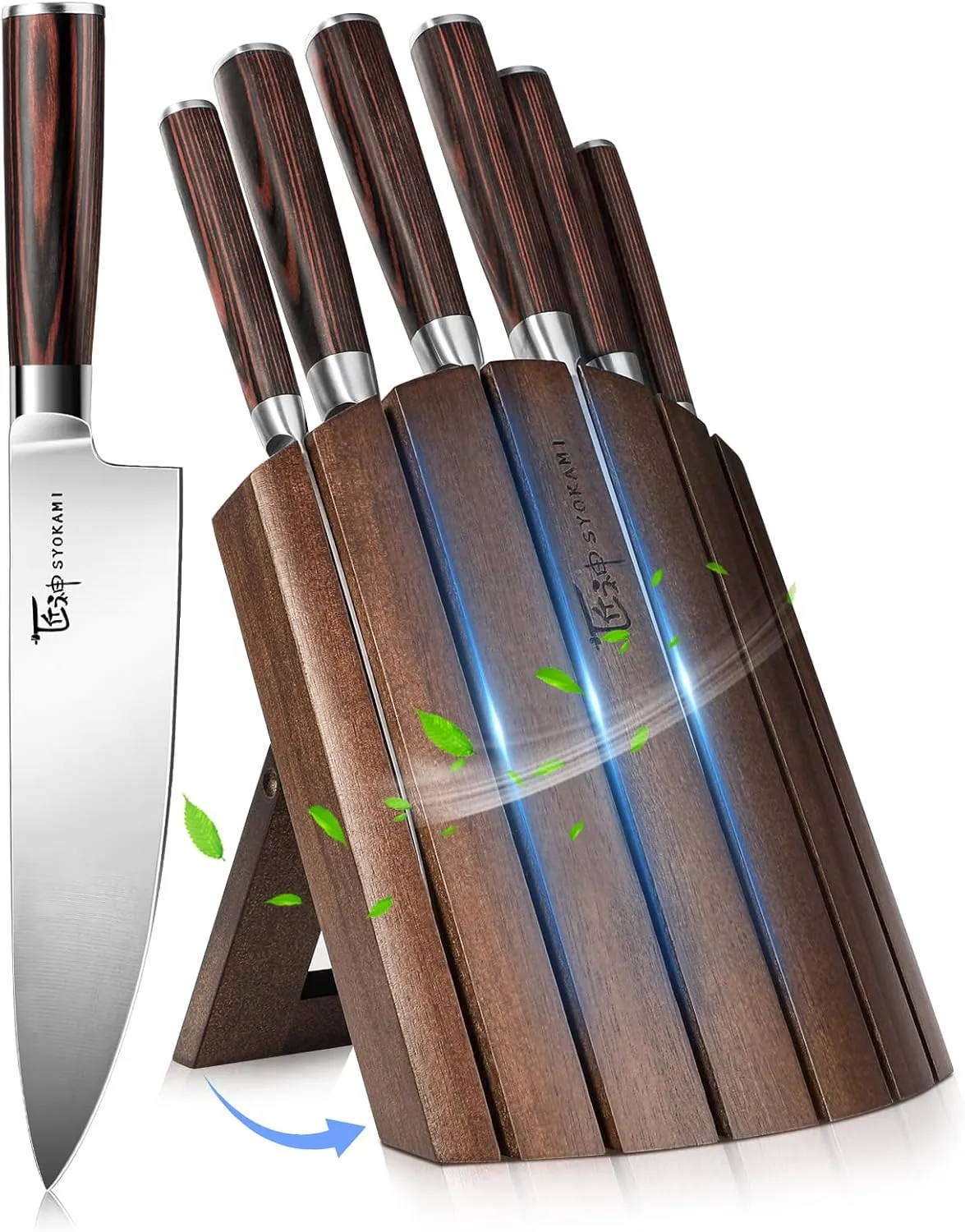 Knife Set 7 Piece Japanese Style Kitchen Knife Set With Foldable Magnetic Acacia Wood Block Sharp High Carbon Stainless Steel Knives Set for Kitchen with Anti-slip Ergonomic Handle