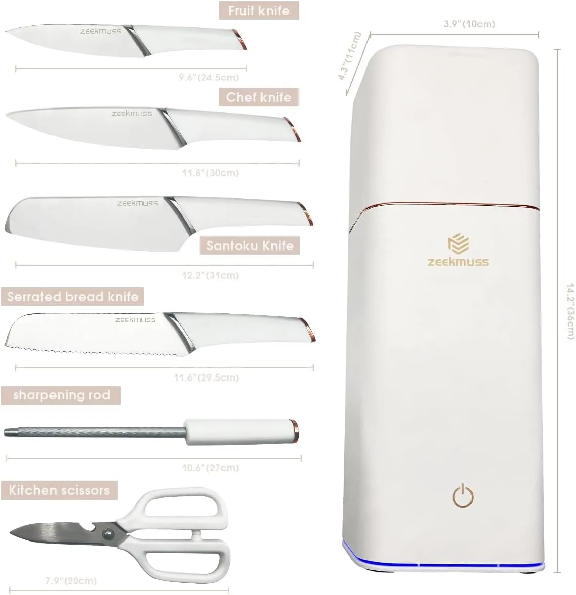 Knife Set Knife Sets for Kitchen with Block 6-Piece Stainless Steel Block Knife Set with Sharpener Kitchen Scissors Smart Knife Holder Keep Clean and Dry Kitchen Home Gift (White)