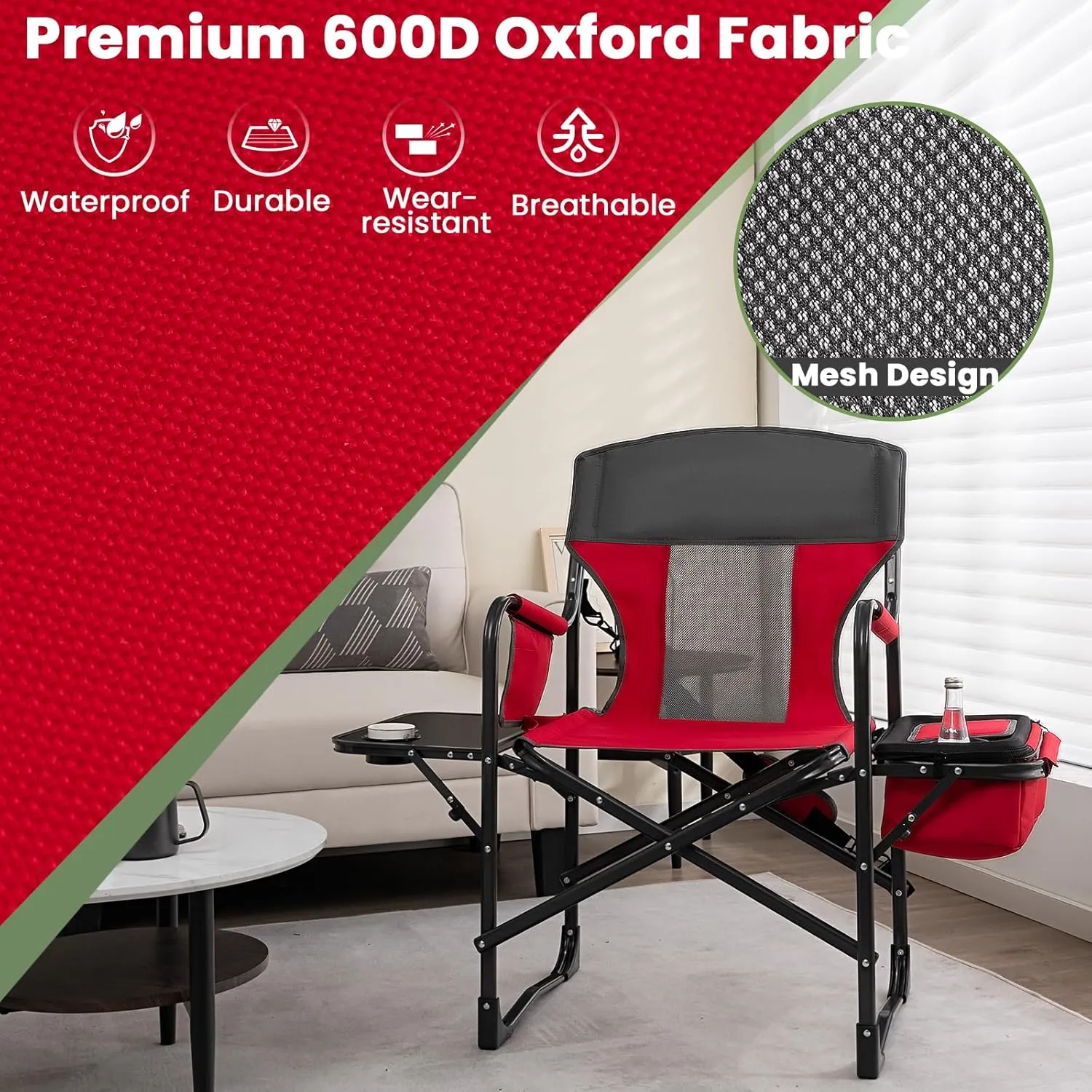 KOTEK Camping Directors Chair, Outdoor Folding Chair with Side Table, Cooler Bag & Storage Pocket, Supports 400 LBS, Portable Camp Chairs for Fishing, Picnic, Concert, Beach, Lawn, Patio (1, Red)
