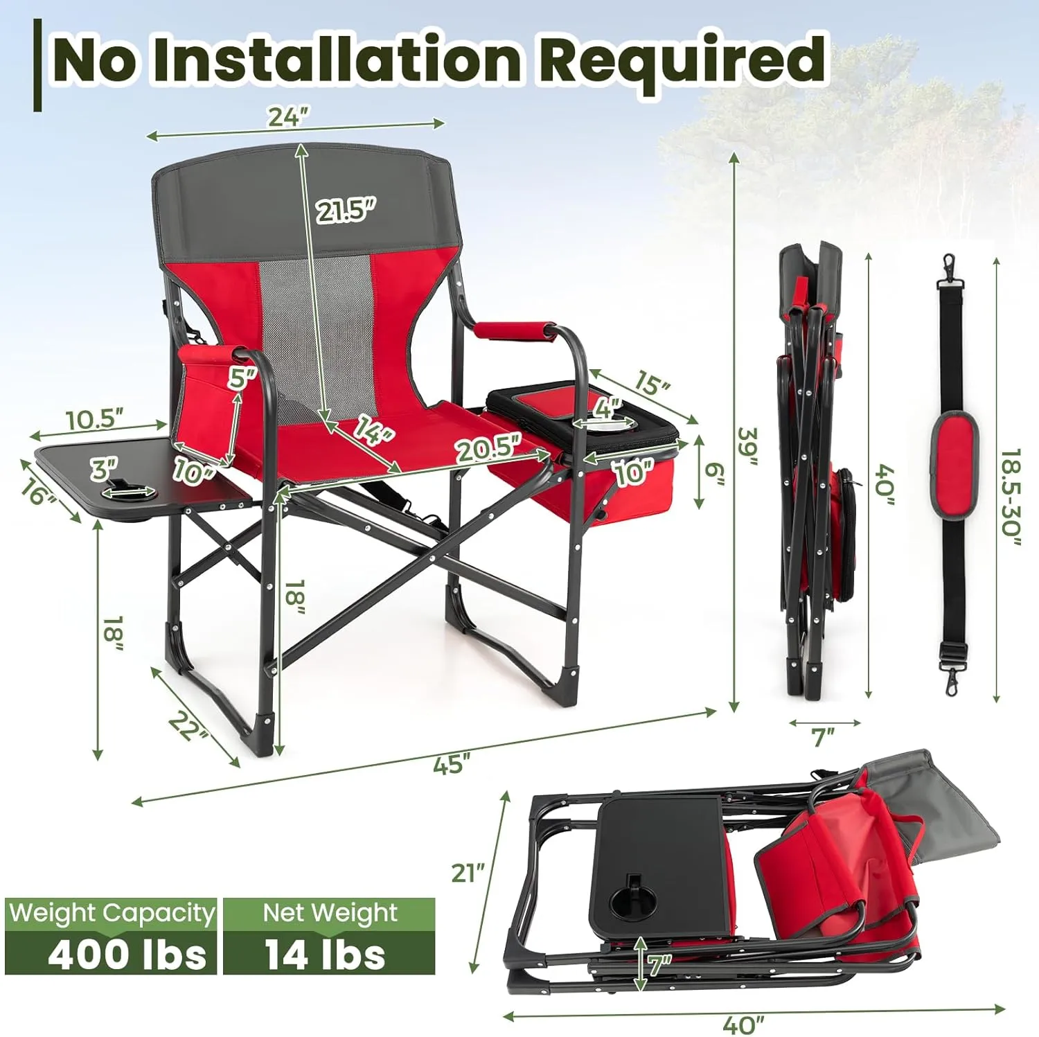 KOTEK Camping Directors Chair, Outdoor Folding Chair with Side Table, Cooler Bag & Storage Pocket, Supports 400 LBS, Portable Camp Chairs for Fishing, Picnic, Concert, Beach, Lawn, Patio (1, Red)