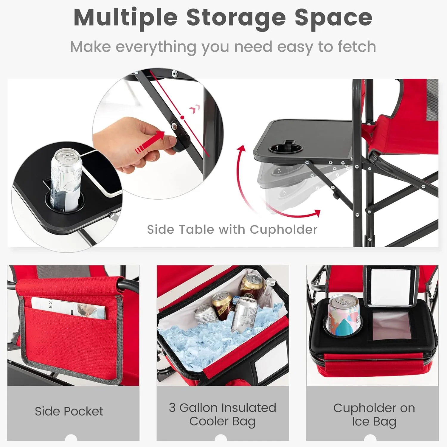 KOTEK Camping Directors Chair, Outdoor Folding Chair with Side Table, Cooler Bag & Storage Pocket, Supports 400 LBS, Portable Camp Chairs for Fishing, Picnic, Concert, Beach, Lawn, Patio (1, Red)