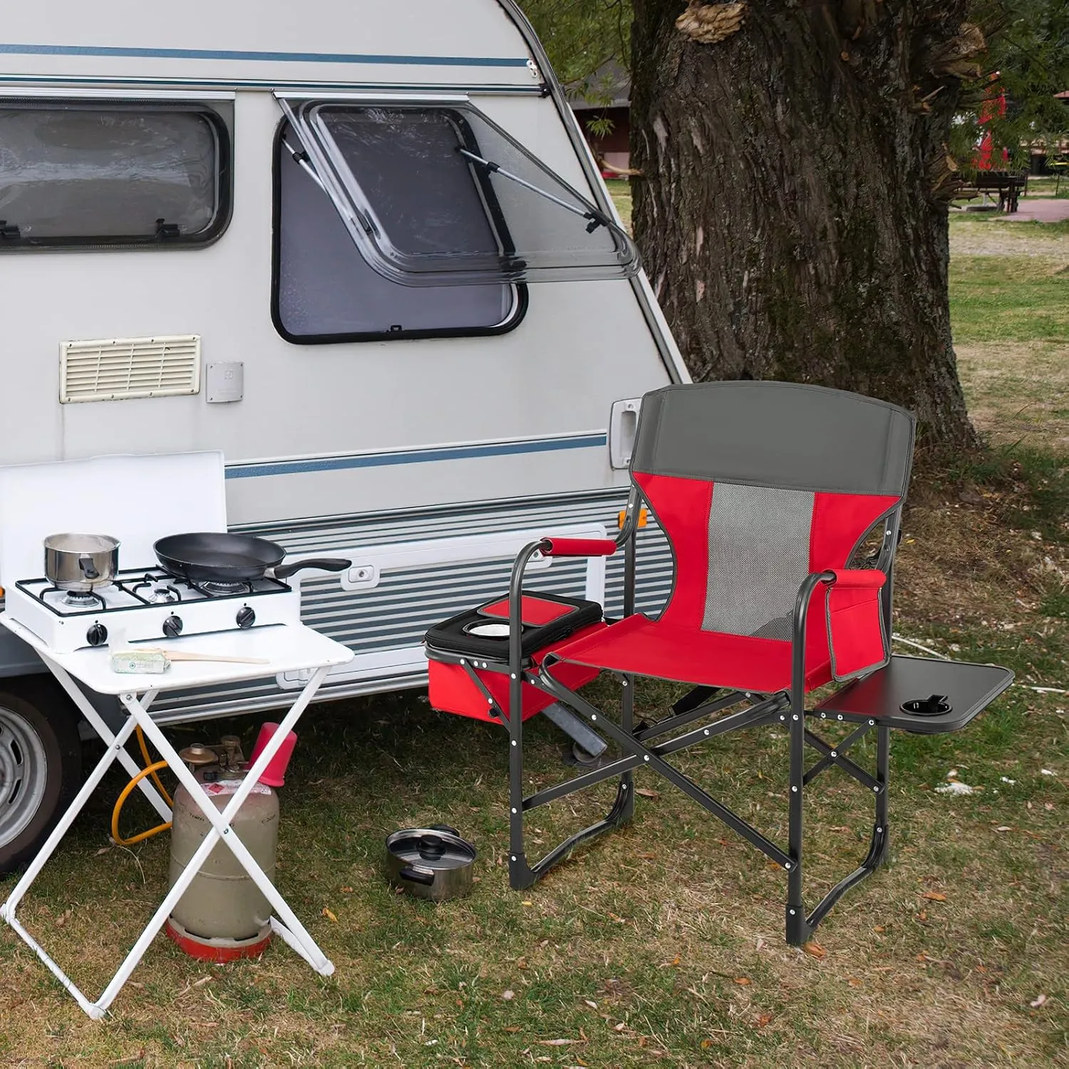 KOTEK Camping Directors Chair, Outdoor Folding Chair with Side Table, Cooler Bag & Storage Pocket, Supports 400 LBS, Portable Camp Chairs for Fishing, Picnic, Concert, Beach, Lawn, Patio (1, Red)