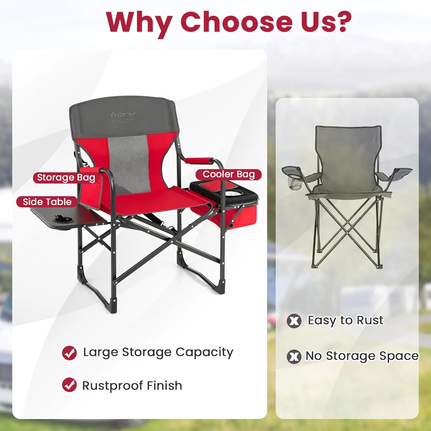 KOTEK Camping Directors Chair, Outdoor Folding Chair with Side Table, Cooler Bag & Storage Pocket, Supports 400 LBS, Portable Camp Chairs for Fishing, Picnic, Concert, Beach, Lawn, Patio (1, Red)