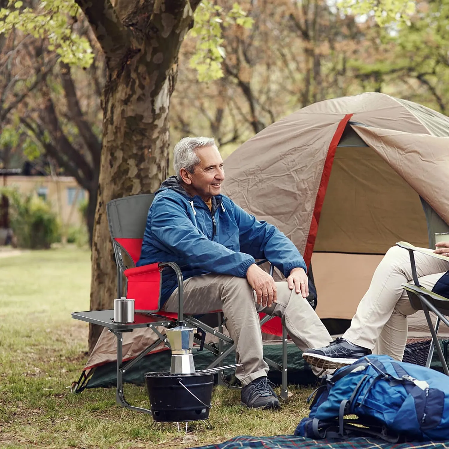 KOTEK Camping Directors Chair, Outdoor Folding Chair with Side Table, Cooler Bag & Storage Pocket, Supports 400 LBS, Portable Camp Chairs for Fishing, Picnic, Concert, Beach, Lawn, Patio (1, Red)