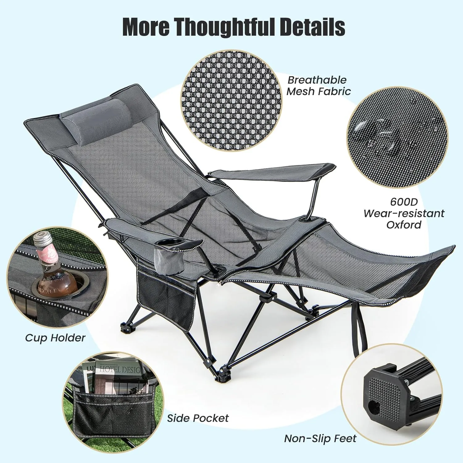 KOTEK Reclining Camping Chair, Portable Lounge Chair with Removable Foot Rest, Adjustable Backrest, Cup Holder & Carry Bag, Folding Camp Chair for Outdoor Traveling Fishing Hiking Picnic (1, Grey)
