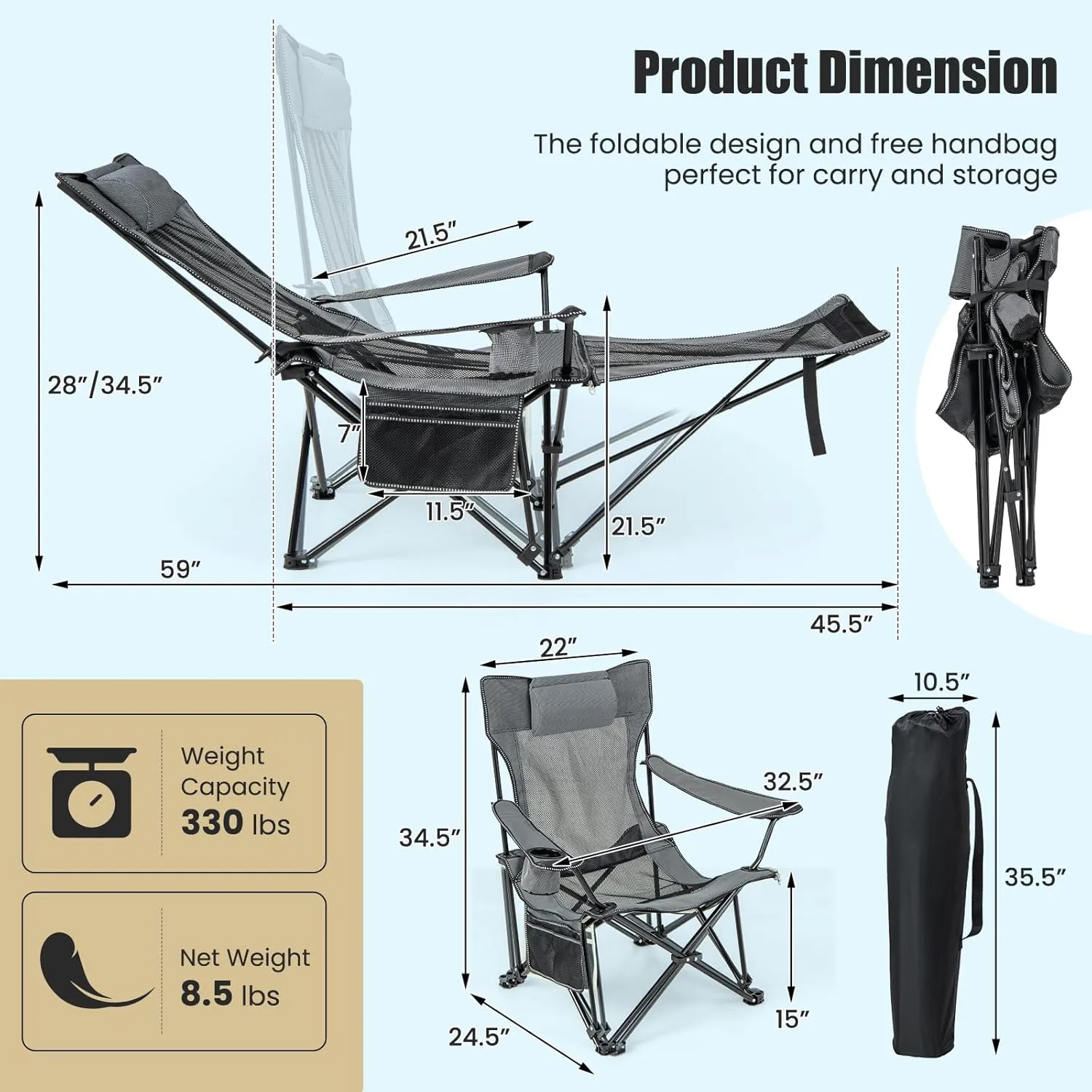 KOTEK Reclining Camping Chair, Portable Lounge Chair with Removable Foot Rest, Adjustable Backrest, Cup Holder & Carry Bag, Folding Camp Chair for Outdoor Traveling Fishing Hiking Picnic (1, Grey)