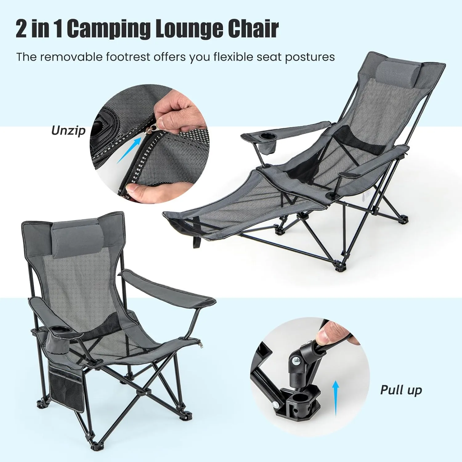 KOTEK Reclining Camping Chair, Portable Lounge Chair with Removable Foot Rest, Adjustable Backrest, Cup Holder & Carry Bag, Folding Camp Chair for Outdoor Traveling Fishing Hiking Picnic (1, Grey)