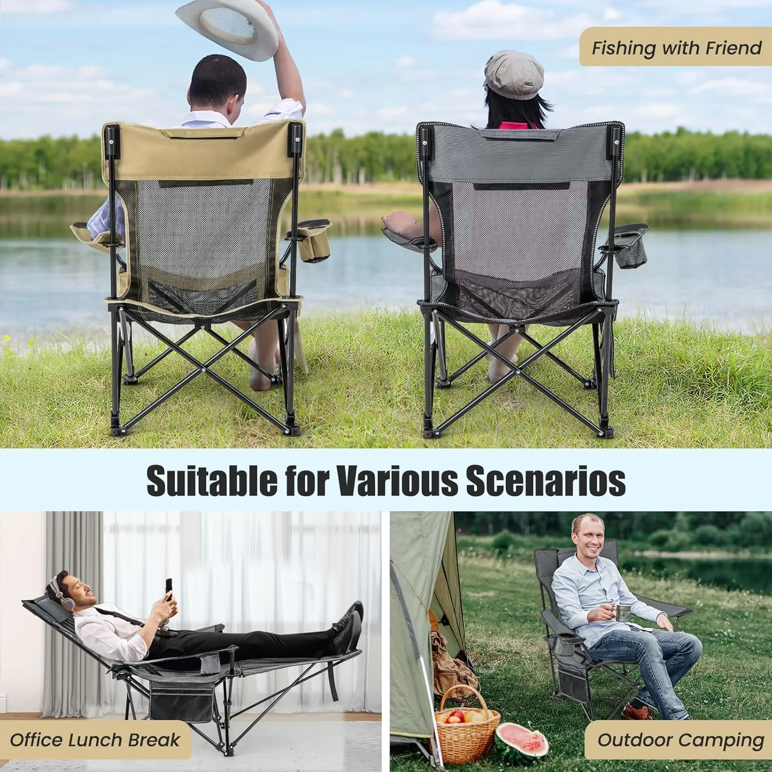 KOTEK Reclining Camping Chair, Portable Lounge Chair with Removable Foot Rest, Adjustable Backrest, Cup Holder & Carry Bag, Folding Camp Chair for Outdoor Traveling Fishing Hiking Picnic (1, Grey)