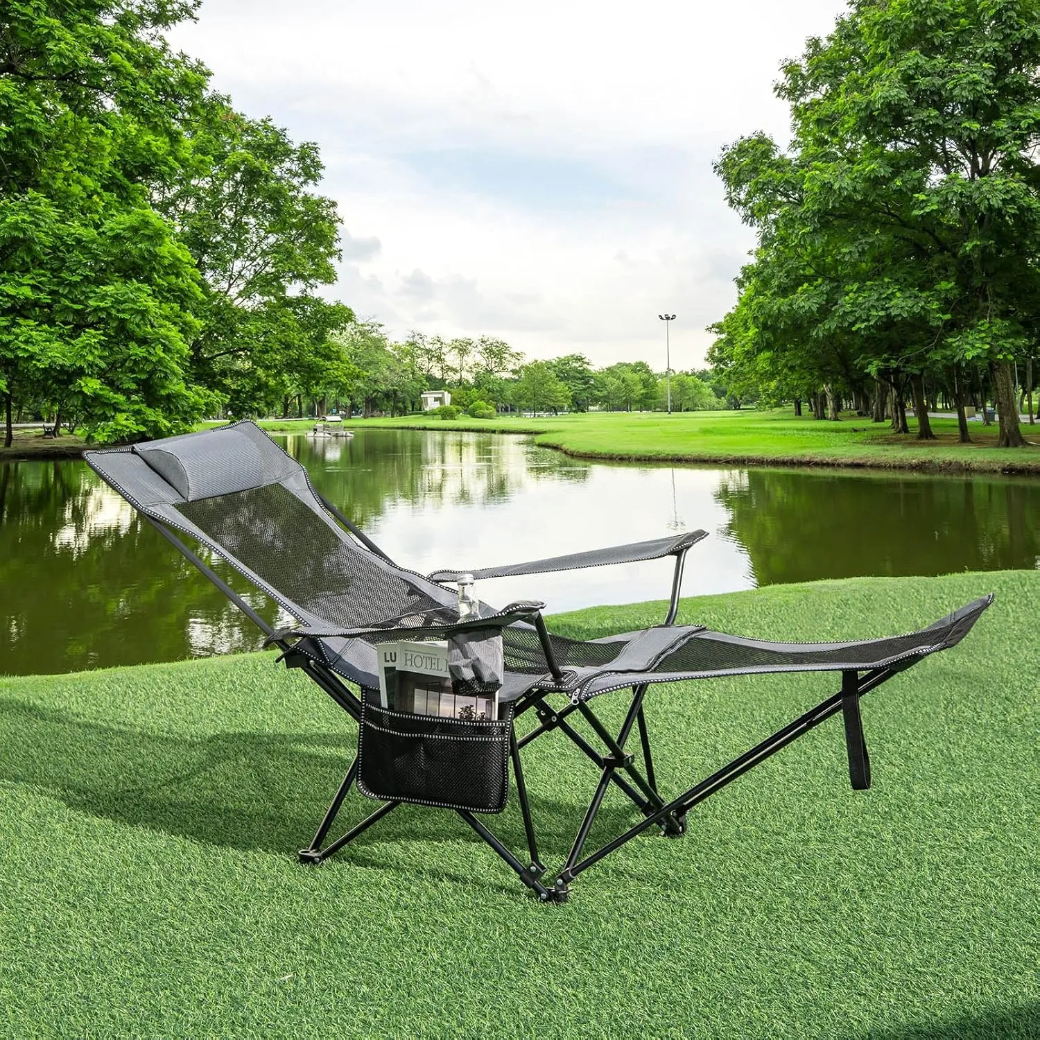 KOTEK Reclining Camping Chair, Portable Lounge Chair with Removable Foot Rest, Adjustable Backrest, Cup Holder & Carry Bag, Folding Camp Chair for Outdoor Traveling Fishing Hiking Picnic (1, Grey)