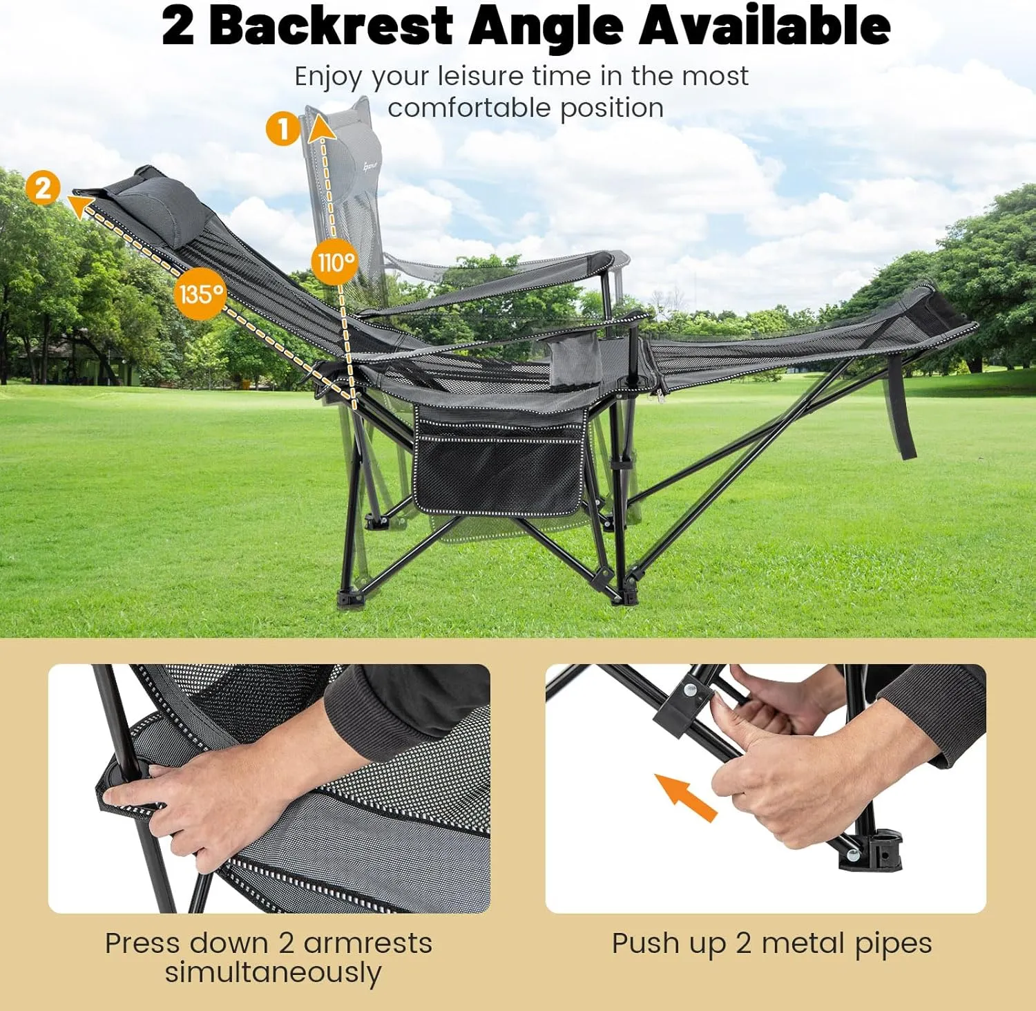 KOTEK Reclining Camping Chair, Portable Lounge Chair with Removable Foot Rest, Adjustable Backrest, Cup Holder & Carry Bag, Folding Camp Chair for Outdoor Traveling Fishing Hiking Picnic (1, Grey)